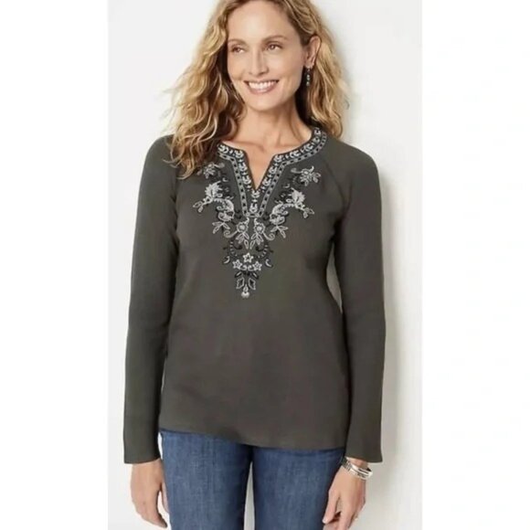 J Jill Womens XL Petite Embroidered Waffle Knit Raglan Top in Coriander Green - Picture 1 of 10